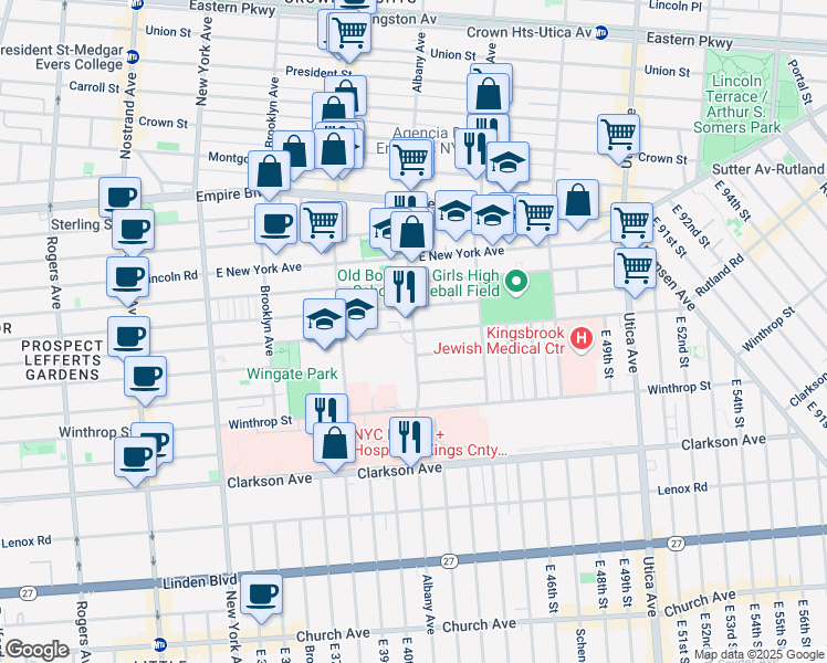 map of restaurants, bars, coffee shops, grocery stores, and more near 594 Albany Avenue in Brooklyn