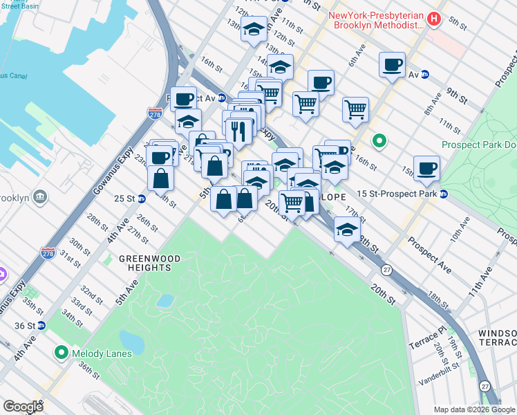 map of restaurants, bars, coffee shops, grocery stores, and more near 695 6th Avenue in Brooklyn