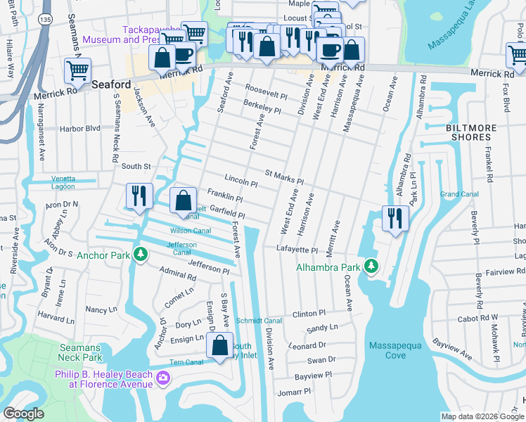 map of restaurants, bars, coffee shops, grocery stores, and more near 120 Franklin Place in Massapequa