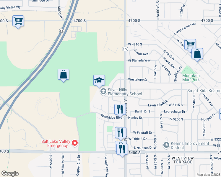 map of restaurants, bars, coffee shops, grocery stores, and more near 5002 Garden Ridge Road in West Valley City