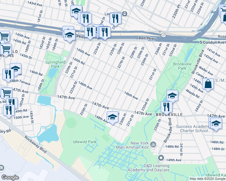 map of restaurants, bars, coffee shops, grocery stores, and more near 145-84 228th Street in Queens