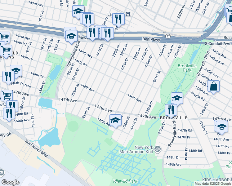 map of restaurants, bars, coffee shops, grocery stores, and more near 145-84 228th Street in Queens