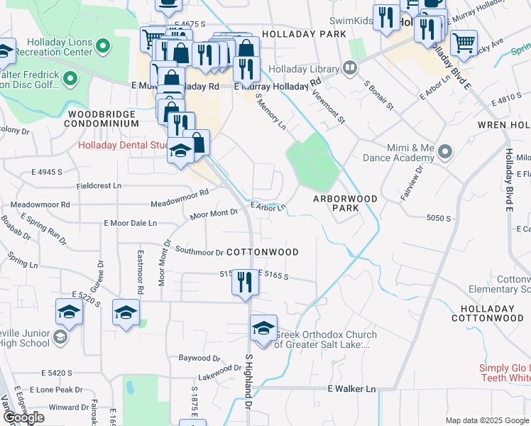 map of restaurants, bars, coffee shops, grocery stores, and more near 2000 East Arbor Lane in Holladay