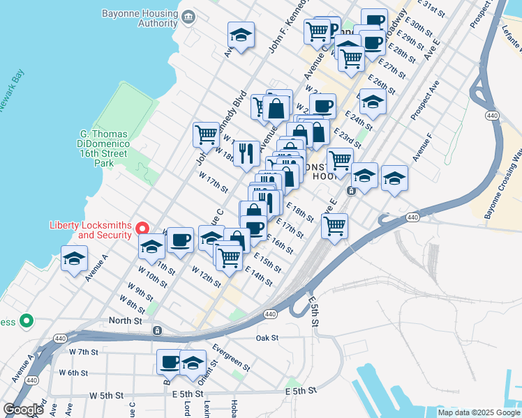 map of restaurants, bars, coffee shops, grocery stores, and more near 24 Andrew Street in Bayonne