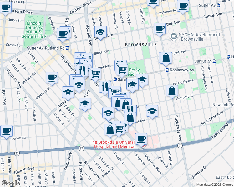 map of restaurants, bars, coffee shops, grocery stores, and more near 822 Saratoga Avenue in Brooklyn