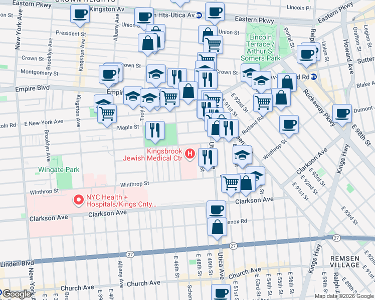 map of restaurants, bars, coffee shops, grocery stores, and more near 796 Rutland Road in Brooklyn