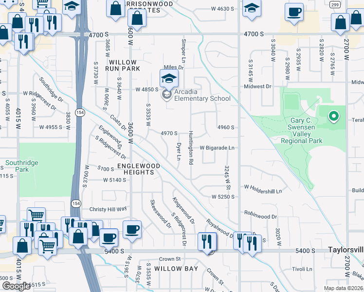 map of restaurants, bars, coffee shops, grocery stores, and more near 4992 Huntington Road in Salt Lake City