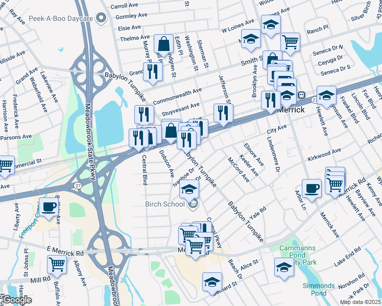 map of restaurants, bars, coffee shops, grocery stores, and more near 2273 Babylon Turnpike in Merrick