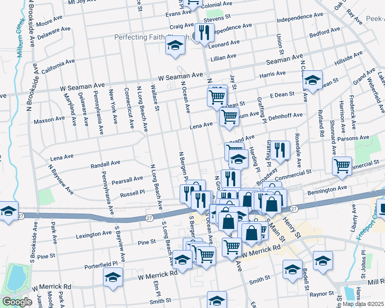 map of restaurants, bars, coffee shops, grocery stores, and more near 100 North Bergen Place in Freeport