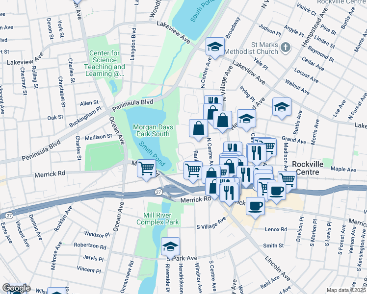 map of restaurants, bars, coffee shops, grocery stores, and more near 80-100 Banks Avenue in Rockville Centre