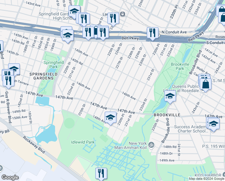 map of restaurants, bars, coffee shops, grocery stores, and more near 145-68 228th Street in Queens