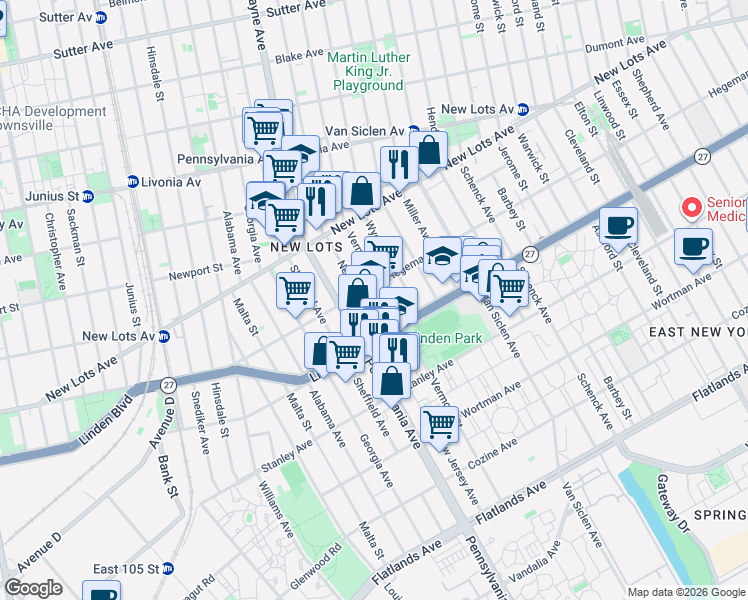 map of restaurants, bars, coffee shops, grocery stores, and more near 588 Hegeman Avenue in Brooklyn