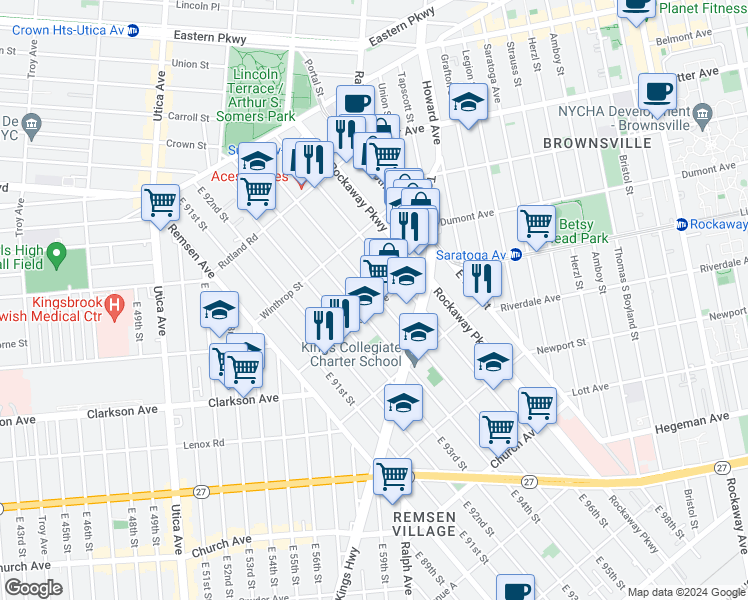 map of restaurants, bars, coffee shops, grocery stores, and more near 9517 Kings Highway in Brooklyn
