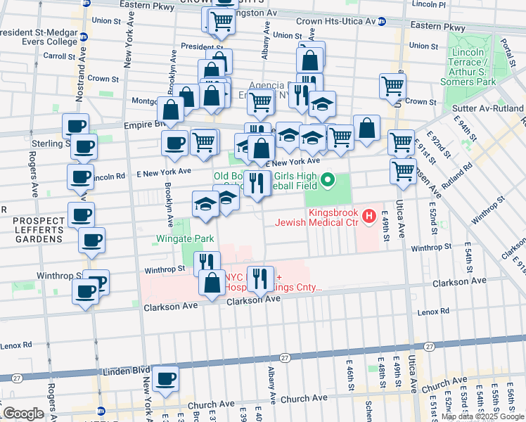 map of restaurants, bars, coffee shops, grocery stores, and more near 577 Albany Avenue in Brooklyn