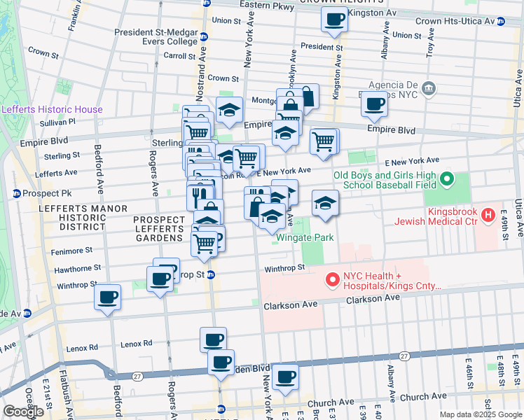 map of restaurants, bars, coffee shops, grocery stores, and more near 19 Miami Court in Brooklyn