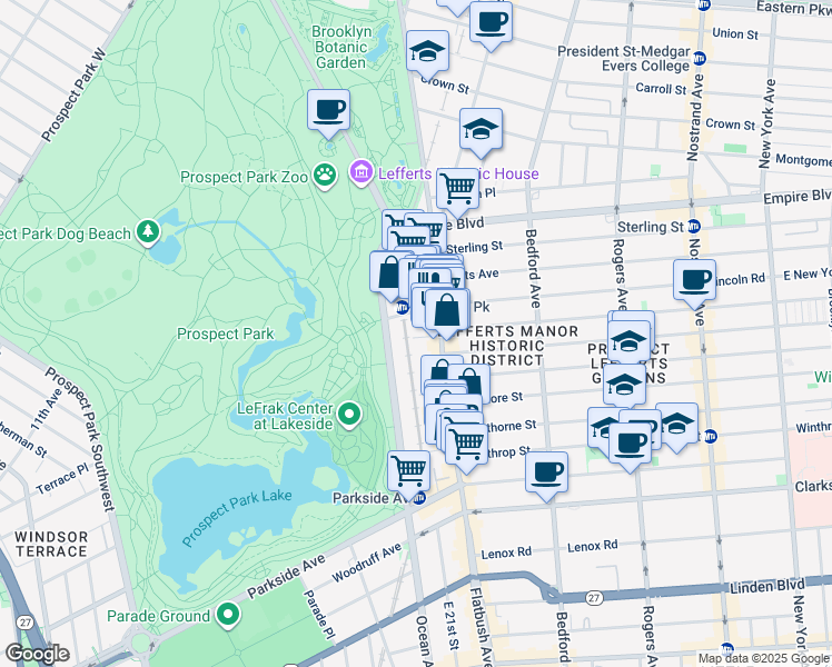 map of restaurants, bars, coffee shops, grocery stores, and more near 115 Ocean Avenue in Brooklyn