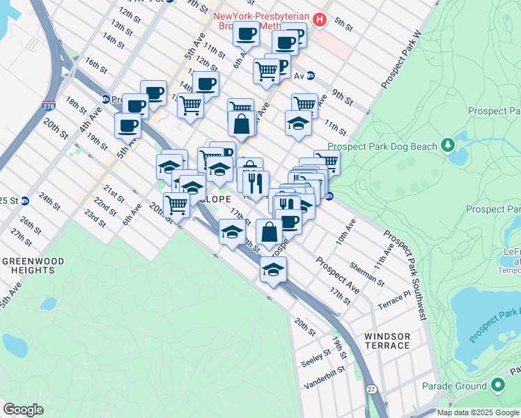 map of restaurants, bars, coffee shops, grocery stores, and more near 72 Windsor Place in Brooklyn