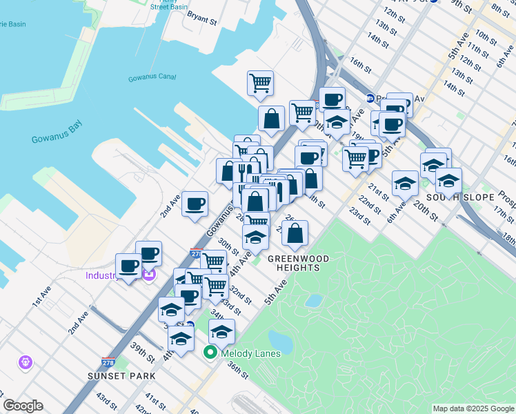 map of restaurants, bars, coffee shops, grocery stores, and more near 170 26th Street in Brooklyn