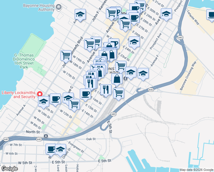 map of restaurants, bars, coffee shops, grocery stores, and more near 24 East 19th Street in Bayonne