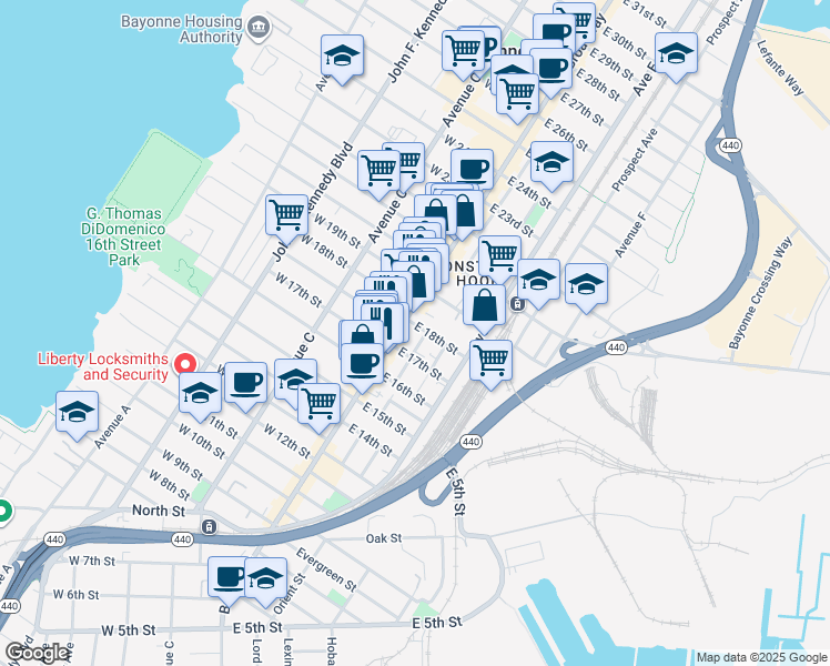 map of restaurants, bars, coffee shops, grocery stores, and more near 394 Broadway in Bayonne