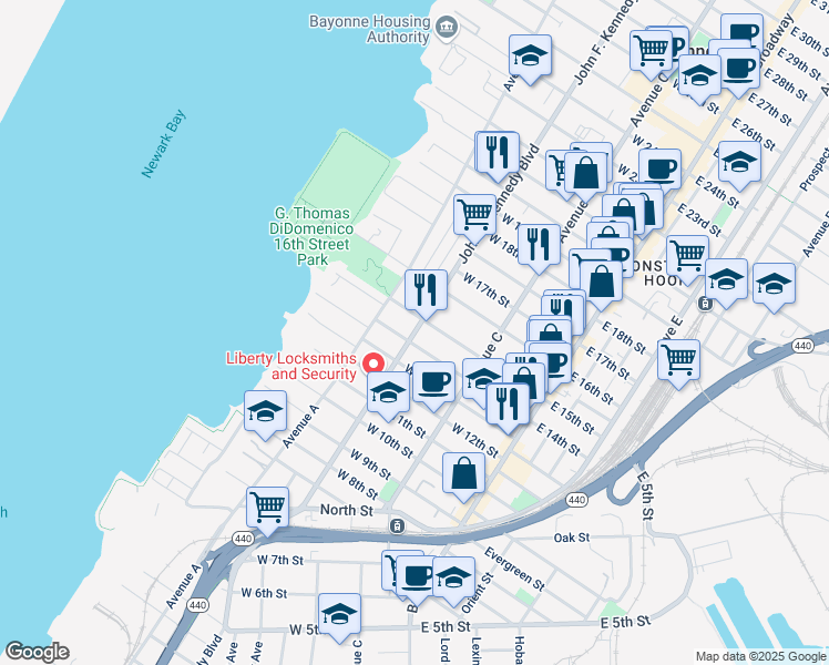 map of restaurants, bars, coffee shops, grocery stores, and more near 118 West 15th Street in Bayonne