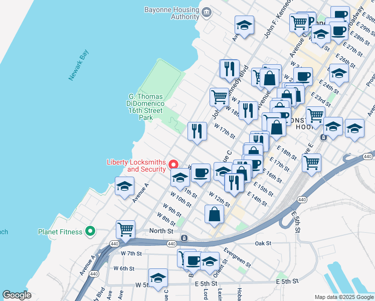 map of restaurants, bars, coffee shops, grocery stores, and more near 118 West 15th Street in Bayonne