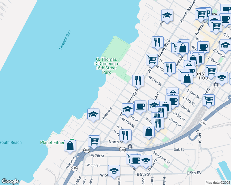 map of restaurants, bars, coffee shops, grocery stores, and more near 31 Edwards Court in Bayonne