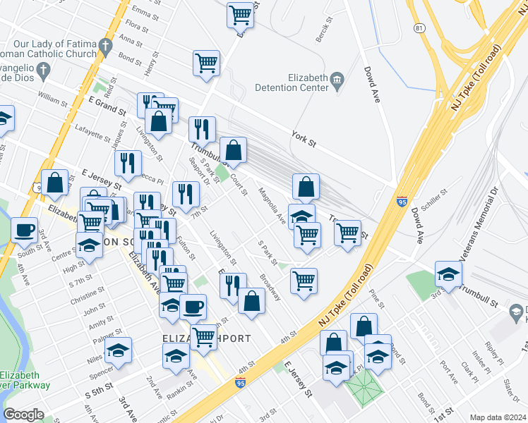 map of restaurants, bars, coffee shops, grocery stores, and more near 635 Court Street in Elizabeth