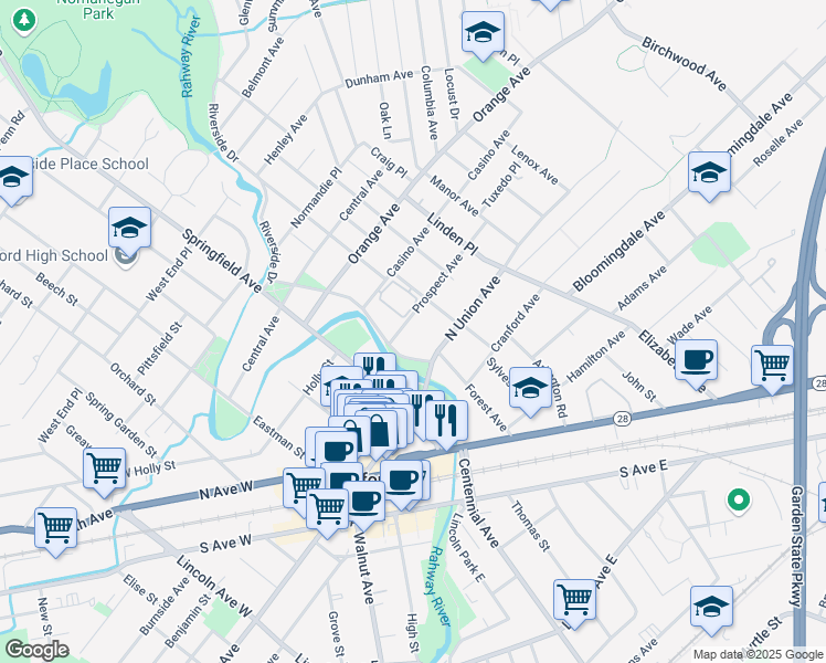 map of restaurants, bars, coffee shops, grocery stores, and more near 217 Prospect Avenue in Cranford