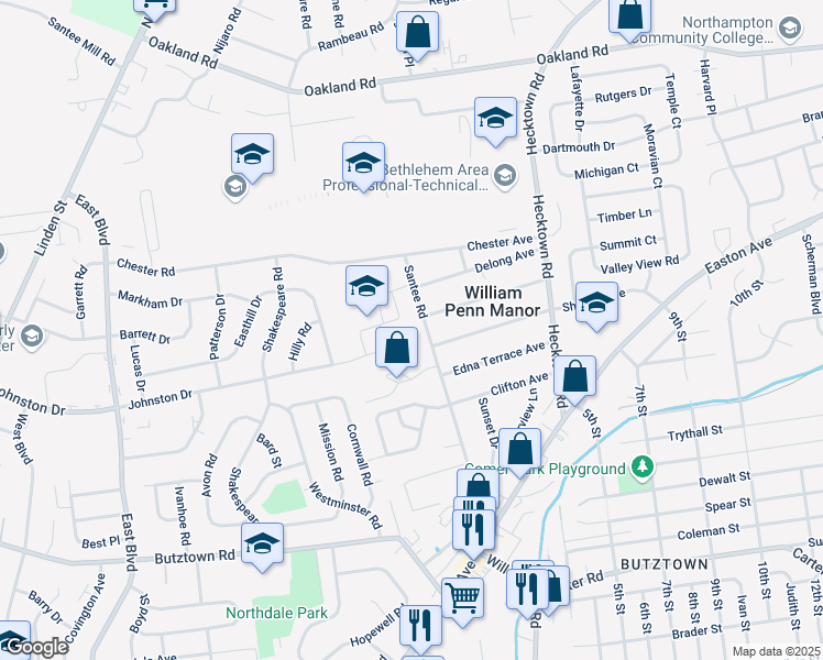 map of restaurants, bars, coffee shops, grocery stores, and more near 3203 Santee Road in Bethlehem