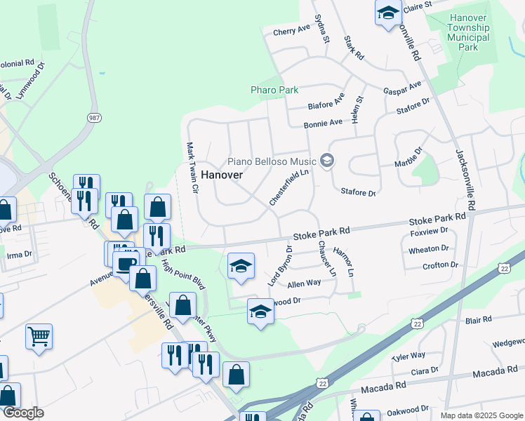 map of restaurants, bars, coffee shops, grocery stores, and more near 3520 Lord Byron Drive in Bethlehem