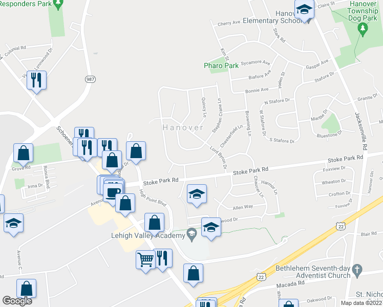 map of restaurants, bars, coffee shops, grocery stores, and more near 1645 Chippendale Circle in Bethlehem