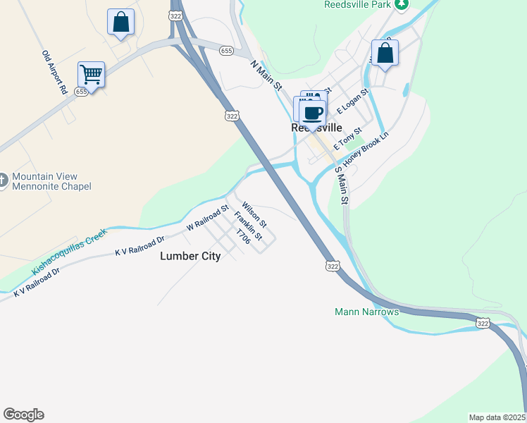 map of restaurants, bars, coffee shops, grocery stores, and more near 52 Railroad Street in Lewistown