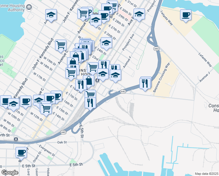 map of restaurants, bars, coffee shops, grocery stores, and more near 103 Avenue F in Bayonne
