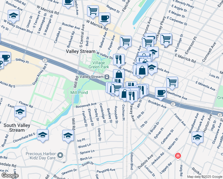 map of restaurants, bars, coffee shops, grocery stores, and more near 80 West Sunrise Highway in Valley Stream