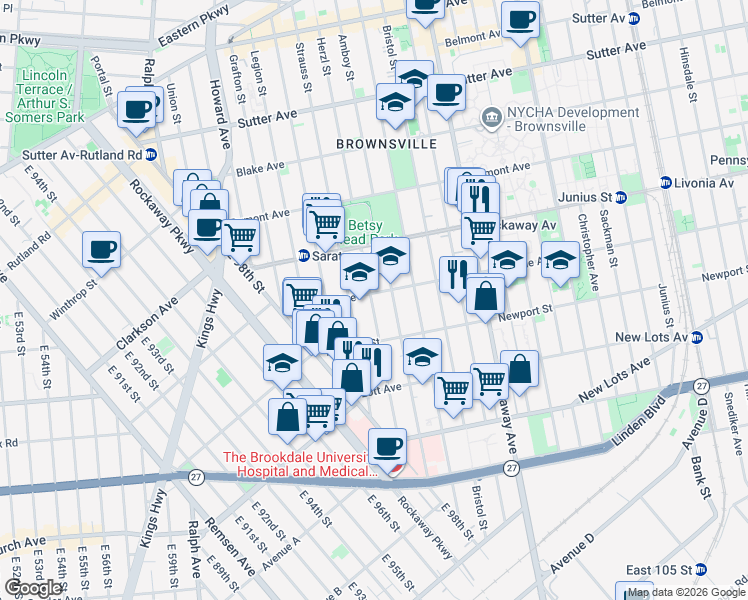 map of restaurants, bars, coffee shops, grocery stores, and more near 100 Riverdale Avenue in Brooklyn