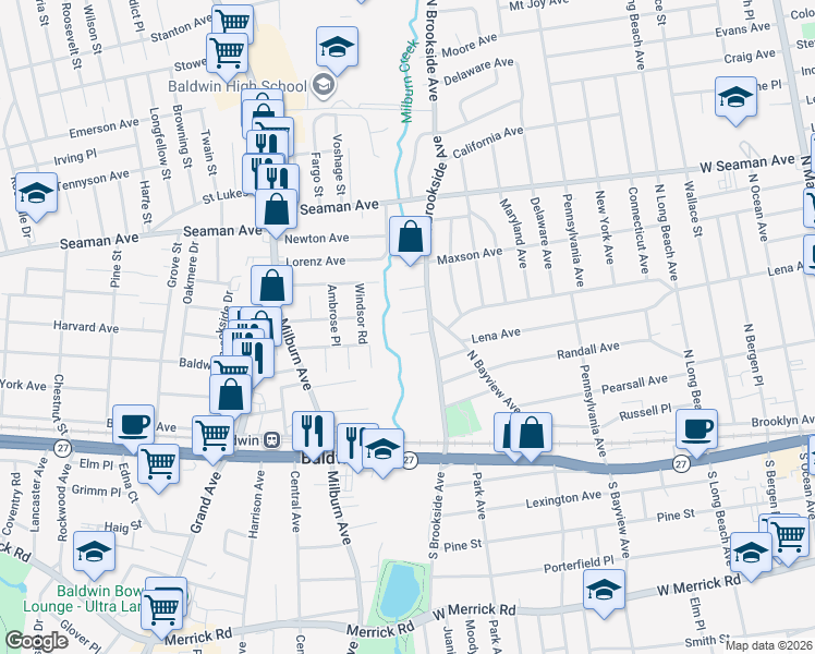 map of restaurants, bars, coffee shops, grocery stores, and more near 9 Mayflower Court in Freeport