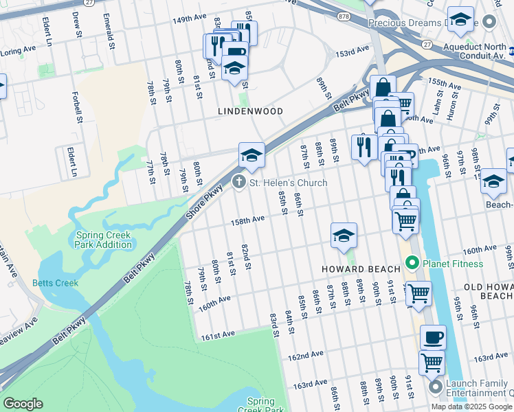 map of restaurants, bars, coffee shops, grocery stores, and more near 157-21 83rd Street in Queens