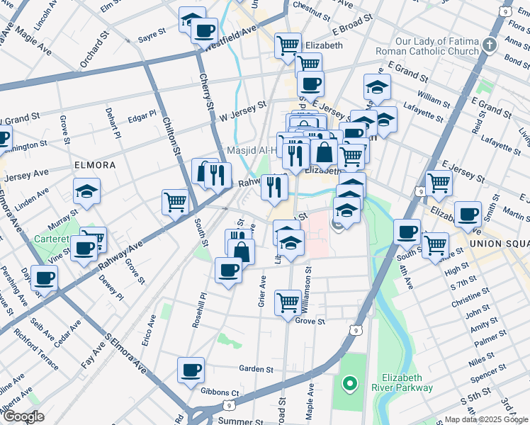 map of restaurants, bars, coffee shops, grocery stores, and more near 745 Pearl Street in Elizabeth