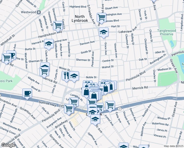 map of restaurants, bars, coffee shops, grocery stores, and more near 142 Walnut Street in Lynbrook