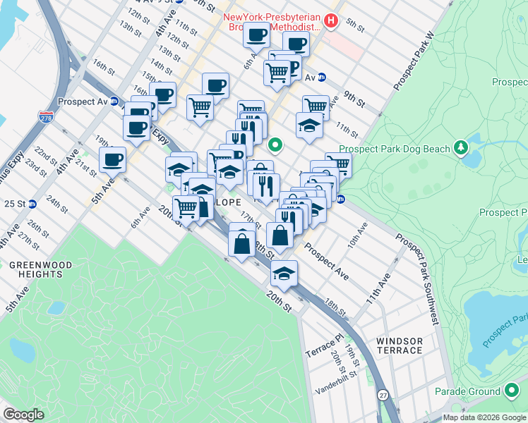 map of restaurants, bars, coffee shops, grocery stores, and more near Prospect Ave & 8th Ave in Brooklyn