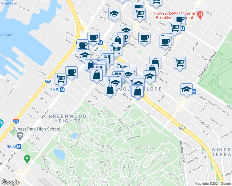 map of restaurants, bars, coffee shops, grocery stores, and more near 695 6th Avenue in Brooklyn