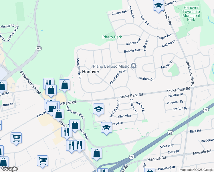 map of restaurants, bars, coffee shops, grocery stores, and more near 3520 Lord Byron Drive in Bethlehem