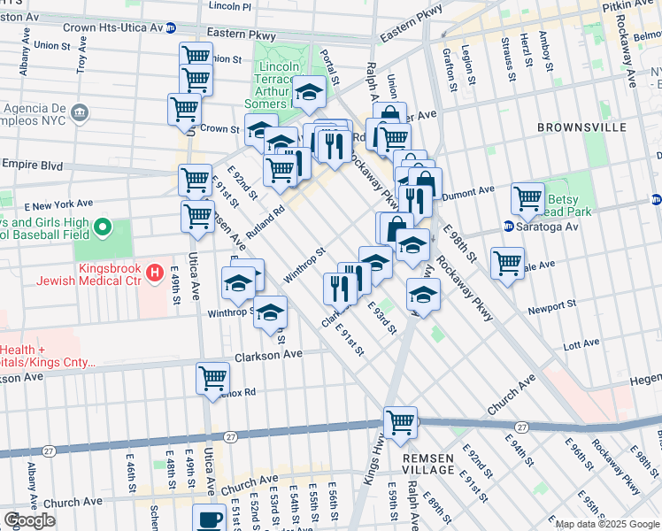 map of restaurants, bars, coffee shops, grocery stores, and more near 212 East 93rd Street in Brooklyn