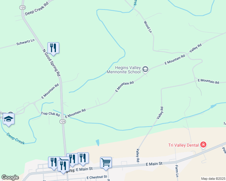 map of restaurants, bars, coffee shops, grocery stores, and more near 355 East Mountain Road in Hegins