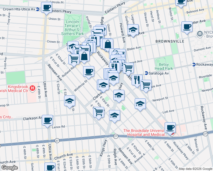 map of restaurants, bars, coffee shops, grocery stores, and more near 9517 Kings Highway in Brooklyn