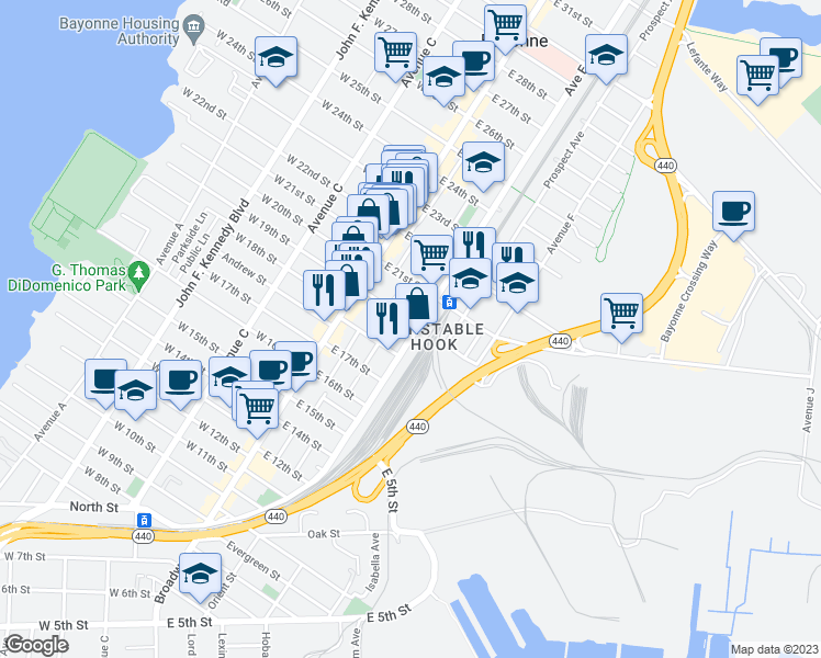 map of restaurants, bars, coffee shops, grocery stores, and more near 189 Avenue E in Bayonne