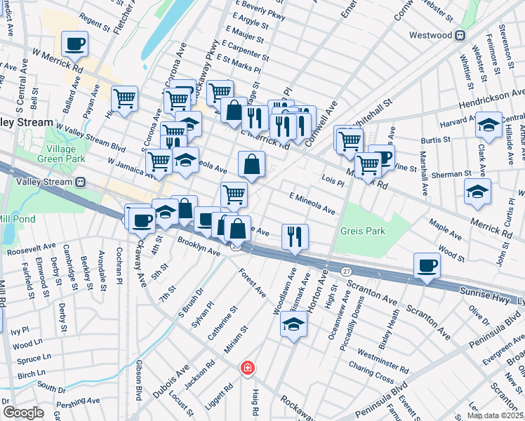 map of restaurants, bars, coffee shops, grocery stores, and more near 24 Satterie Avenue in Valley Stream
