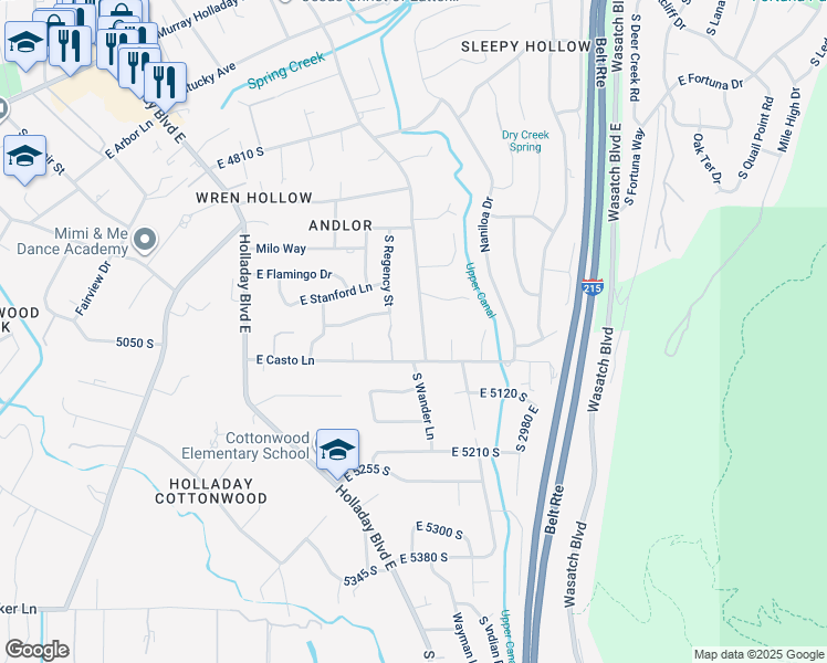 map of restaurants, bars, coffee shops, grocery stores, and more near 5010 South Wander Lane in Holladay