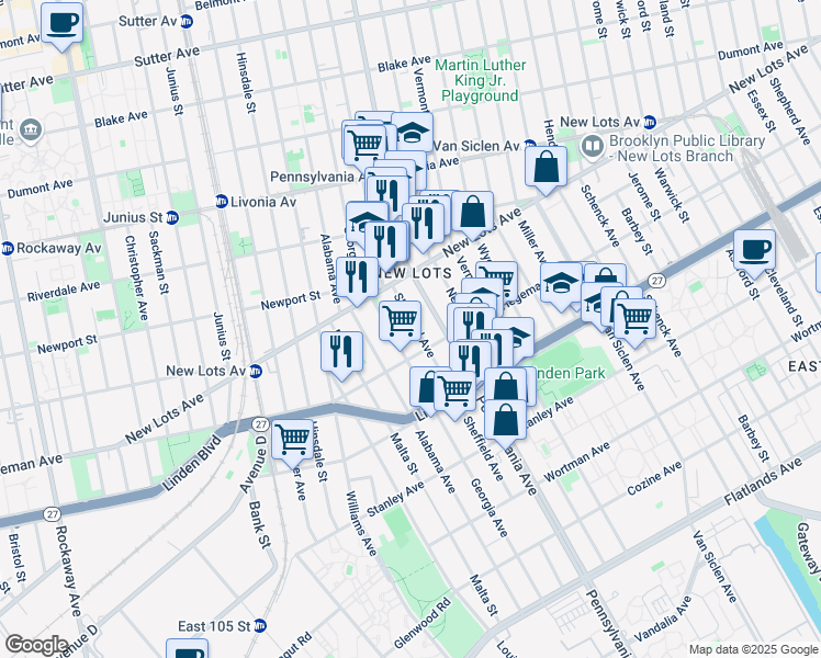 map of restaurants, bars, coffee shops, grocery stores, and more near 690 Sheffield Avenue in Brooklyn